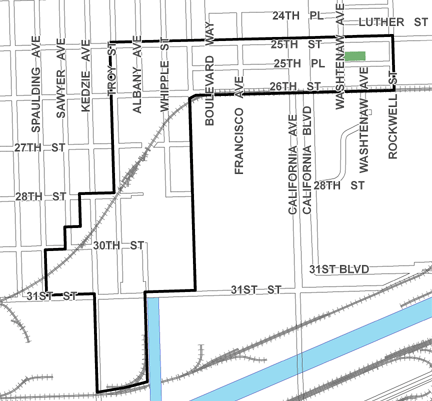 Little Village East TIF district map, roughly bounded on the north by 25th Street, the Canadian National/Illinois Central Railway tracks south of 31st Street on the south, Rockwell Street and Sacramento Avenue on the east, and Spaulding Avenue on the west.